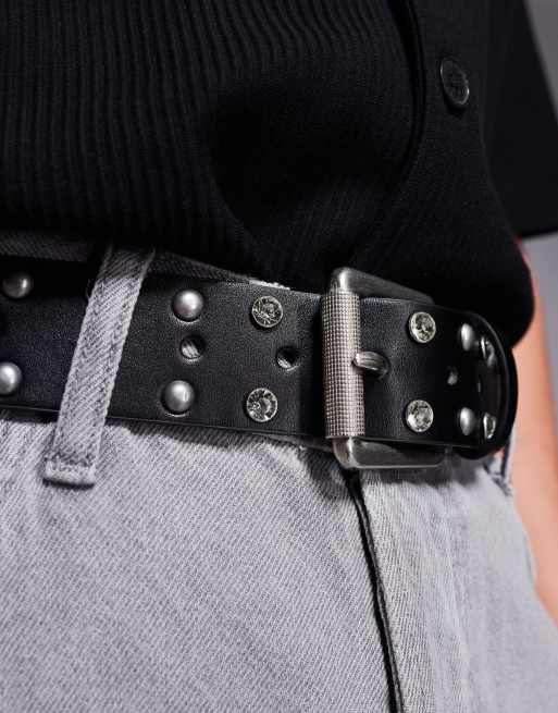 ASOS DESIGN roller buckle belt with studs and crystals in black faux leather, 2 of 3