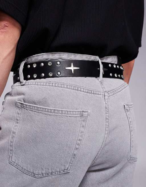 ASOS DESIGN roller buckle belt with studs and crystals in black faux leather, 3 of 3