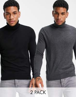 ASOS DESIGN – Rollkragenpullover aus Baumwolle in Schwarz & Anthrazit im 2er-Pack