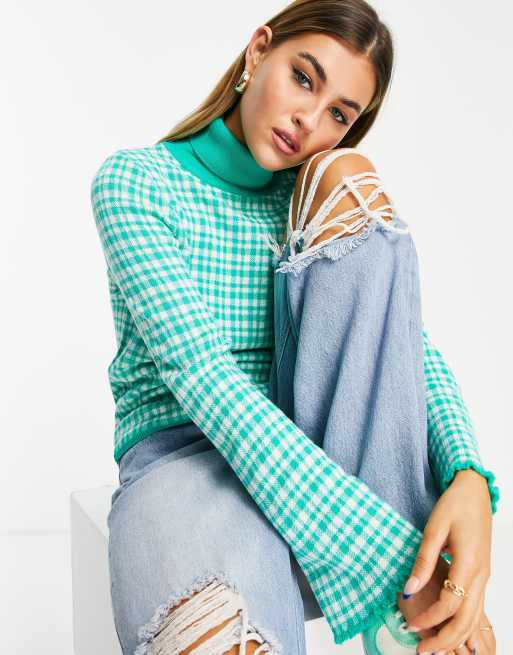 ASOS DESIGN – Rollkragenpullover in Grün mit Vichykaromuster
