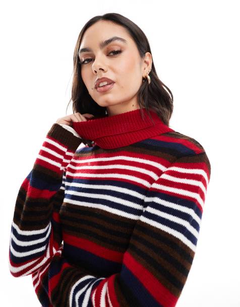 ASOS DESIGN – Rollkragenpullover mit burgunderroten und marineblauen Streifen - view 1