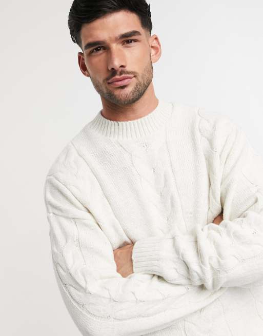 ASOS DESIGN – Rollkragenpullover mit Zopfmuster in gebrochenem Weiß