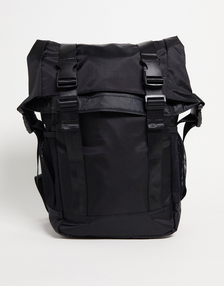 Asos Design Rolltop Backpack In Black Nylon With Double Straps - Black