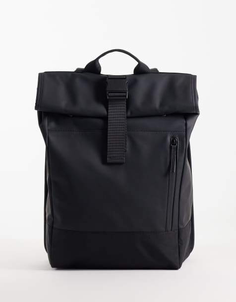 ASOS DESIGN rolltop clip rubberised backpack in black - view 1
