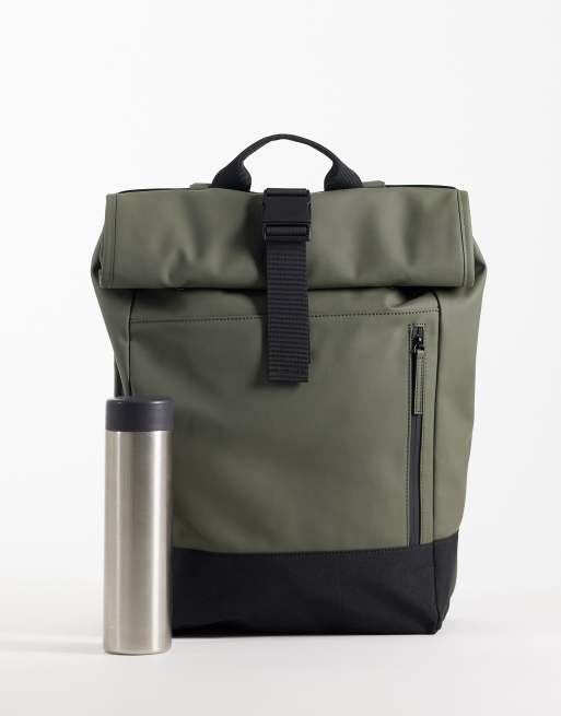 ASOS DESIGN rolltop clip rubberised backpack in green, 2 of 5