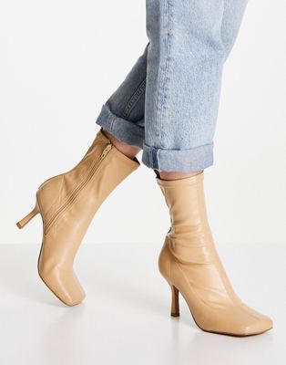 Asos Design Roma Square Toe Heeled Sock Boots In Camel-neutral