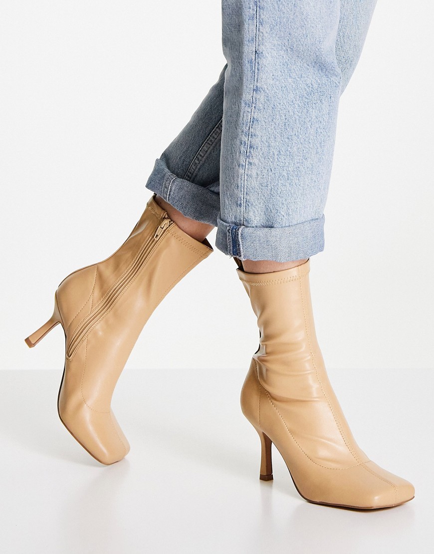 ASOS DESIGN Roma square toe heeled sock boots in camel-Neutral