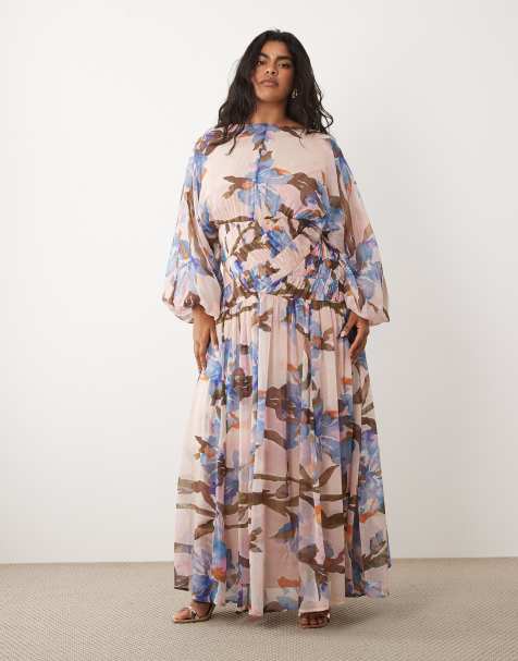 ASOS DESIGN – Romantiskt blommig maxiklänning med långa blusärmar och rynkad midja - view 1