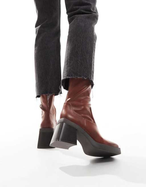 ASOS DESIGN Rome Bottines larges a bout carre avec semelle plateforme et talon mi haut Fauve