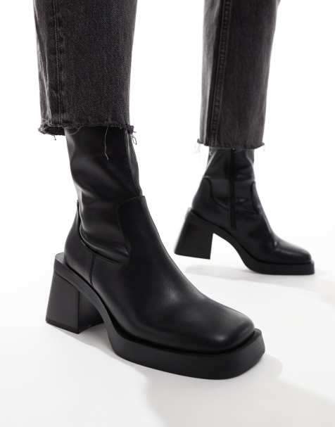 ASOS DESIGN Rome square toe mid-heel platform boots in black - view 1