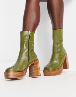 ASOS DESIGN Romeo leather platform boots in khaki | ASOS