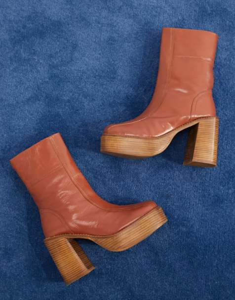 ASOS DESIGN Romeo leather platform boots in tan - view 1