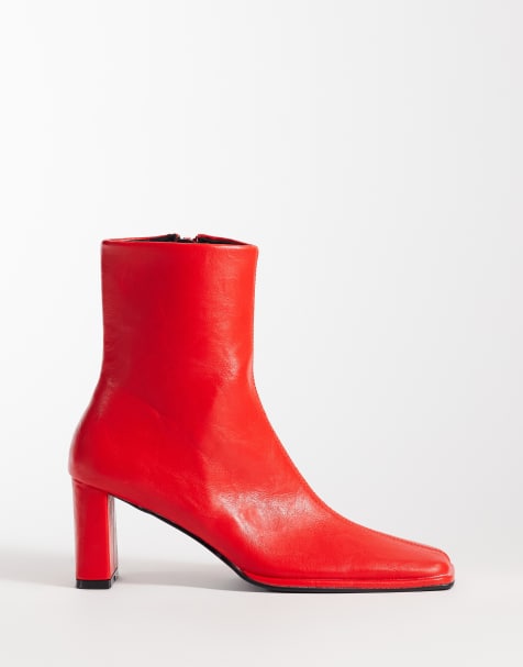ASOS DESIGN Romeo square toe heeled ankle boots in red - view 1
