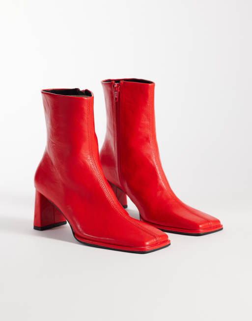 ASOS DESIGN Romeo square toe heeled ankle boots in red, 2 of 4