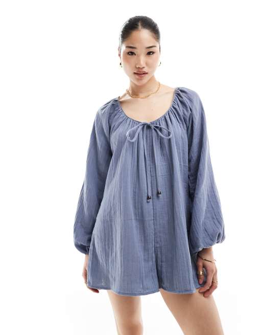 ASOS DESIGN - Romper-playsuit met lange mouwen en kraaldetails in blauw