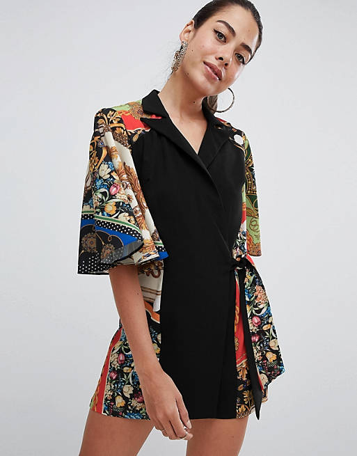 ASOS DESIGN romper with cape and scarf print detail