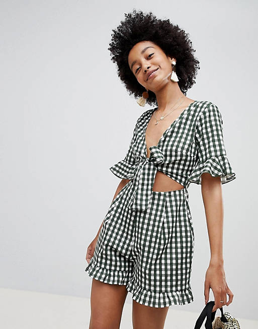 ASOS DESIGN romper with cut out and tie detail in linen in gingham