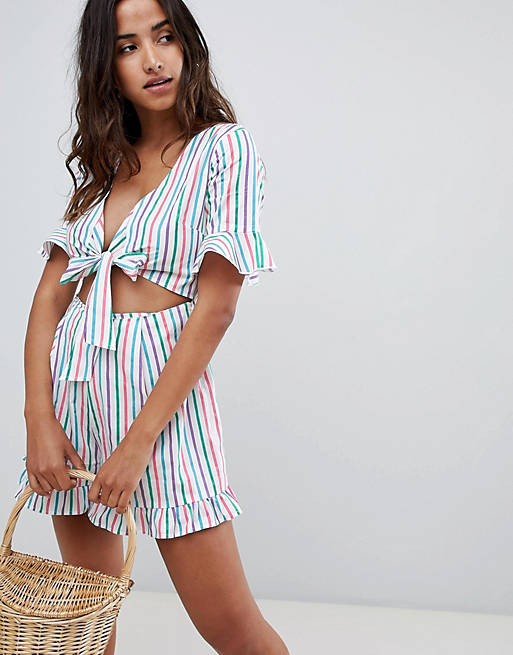 ASOS DESIGN romper with cut out and tie detail in multi stripe print