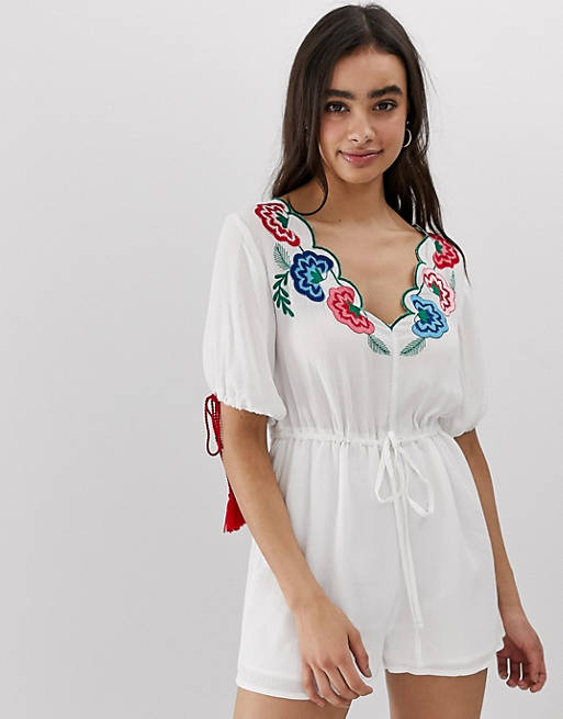 ASOS DESIGN romper with embroidery and tie sleeve detail