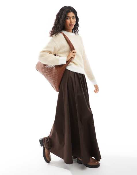 ASOS DESIGN - Rond gesneden maxi rok van zwaar katoen in chocoladebruin - view 1