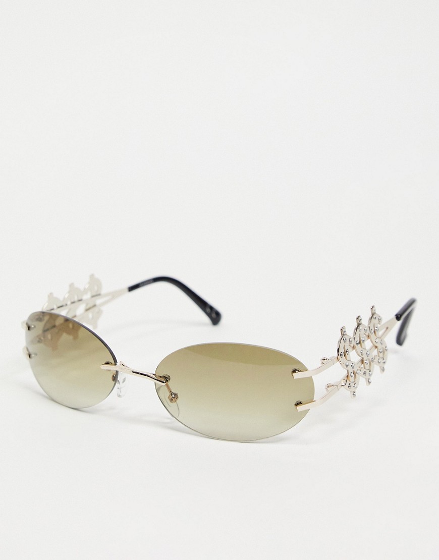 ASOS DESIGN - Ronde zonnebril in goud met dollartekens en getinte glazen