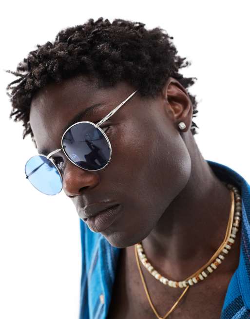 ASOS DESIGN - Ronde zonnebril in jaren 90-stijl met blauwe glazen in zilver