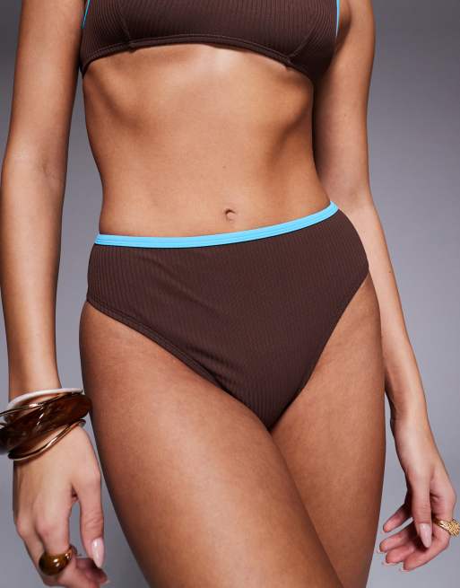 ASOS DESIGN Ronnie rib contrast binding Azores high leg high waist bikini bottom in chocolate, 2 of 4