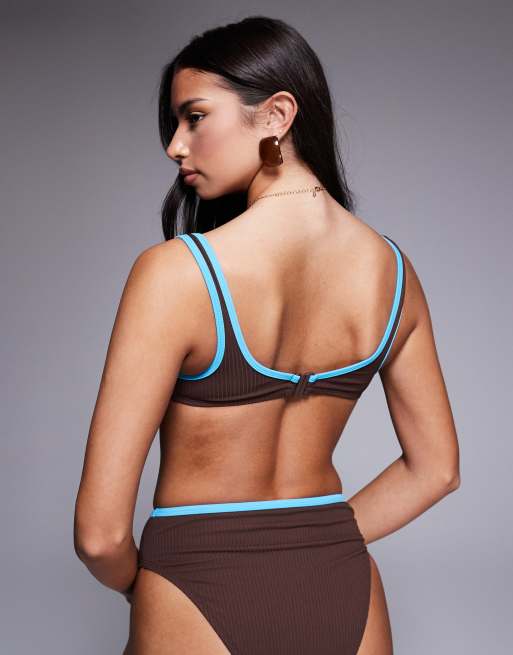 ASOS DESIGN Ronnie ribbed contrast binding Mirissa scoop crop bikini top in chocolate, 4 of 4