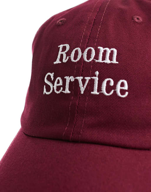 ASOS DESIGN room service logo embroidered cap in burgundy, 2 of 3