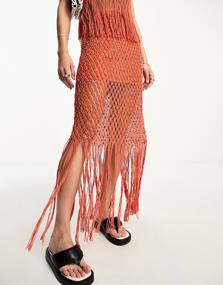 ASOS DESIGN rope crochet midi skirt with fringing co-ord in orange