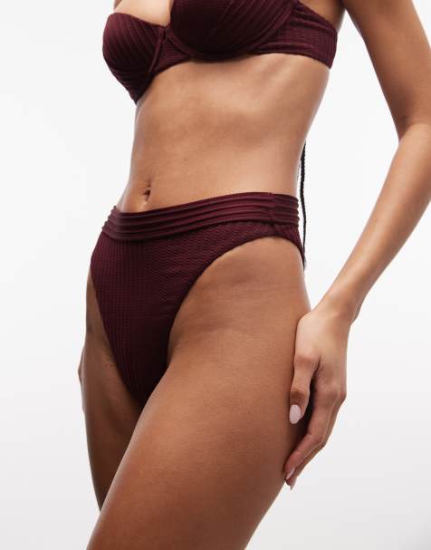 ASOS DESIGN - Rory - Hoogopgesneden gesplitst geribbeld bikinibroekje met hoge taille in bessenkleur - view 1