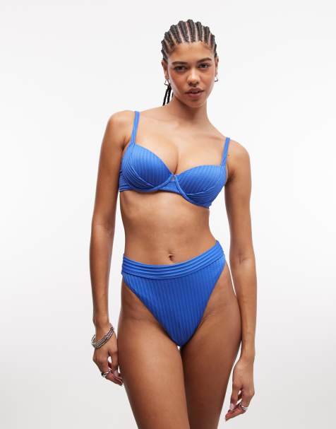 ASOS DESIGN Rory Sintra spliced rib push up padded underwire bikini top in blue - view 1