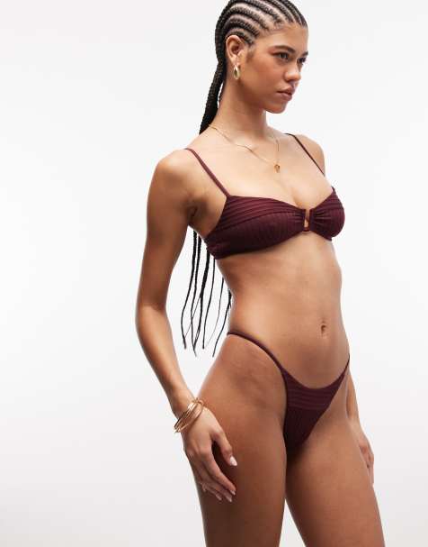 ASOS DESIGN Rory spliced rib San Andreas tanga bikini bottoms in berry - view 1