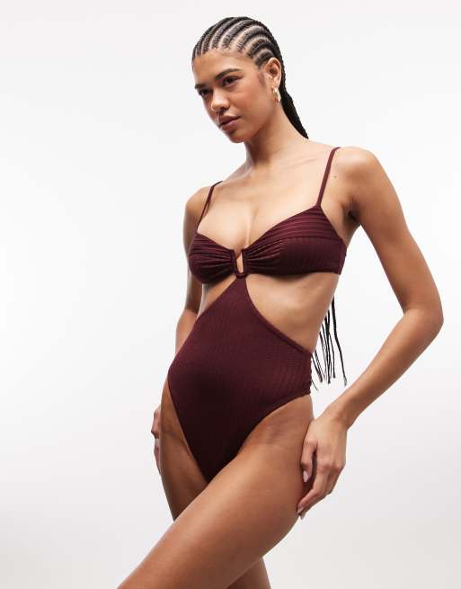ASOS DESIGN Rory spliced rib v wire swimsuit in berry, 3 of 4