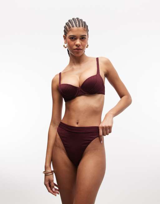 ASOS DESIGN Rory spliced ribbed high waist high leg bikini bottoms in berry, 2 of 4