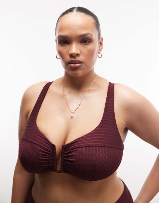 ASOS DESIGN - Rory - Top bikini color bacca con ferretto a V e design diviso a coste