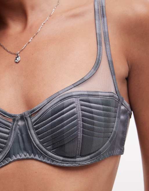 ASOS DESIGN Rory washed satin and mesh stripe quilted high apex underwired bra in blue, 4 of 4