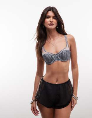 Asos Design Rory Washed Satin & Mesh Striped Quilting High Apex Underwire Bra In Blue