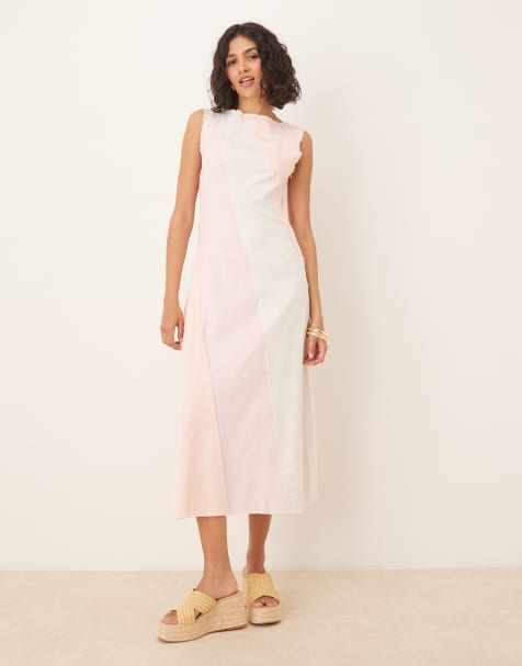 ASOS DESIGN – Rosa, a-linjeformad midiklänning med kontrastfärgad panel och råskuren fåll - view 1