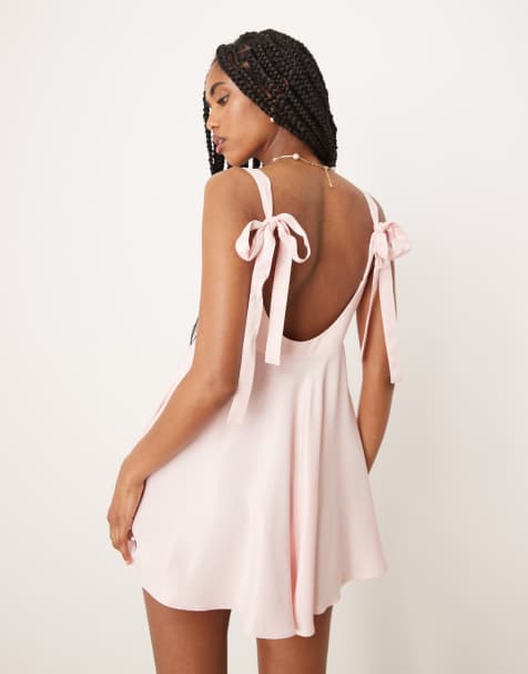 ASOS DESIGN – Rosa, a-linjeformad miniklänning med rosett baktill i satin - view 1