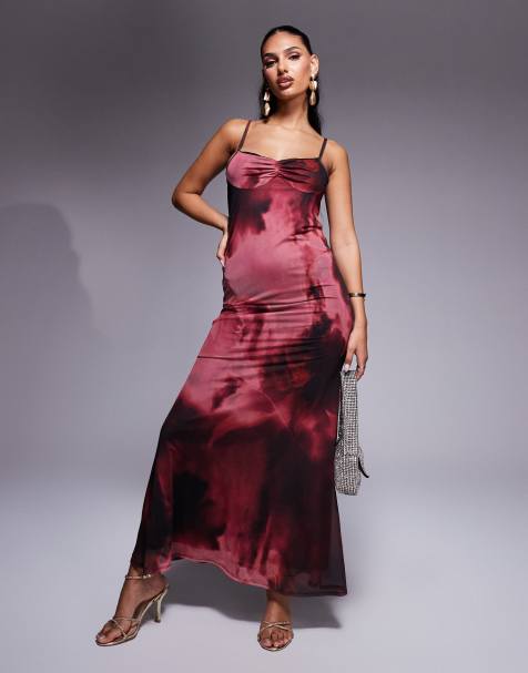 ASOS DESIGN – Rosa, abstrakt mönstrad maxiklänning i mesh med fishtail och kupor - view 1