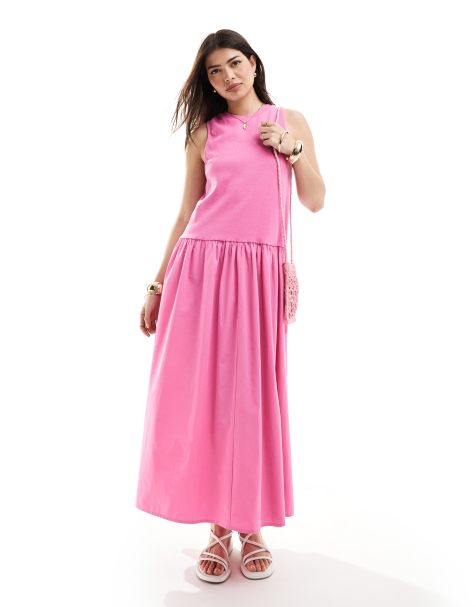 ASOS DESIGN – Rosa, ärmlös maxiklänning med ribbat liv och vid fåll - view 1