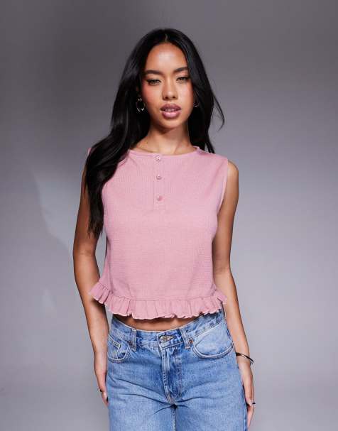 ASOS DESIGN – Rosa, ärmlös topp med våffeltextur och volangfåll - view 1