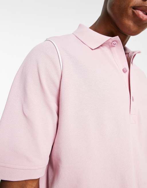 ASOS DESIGN – Rosa, avslappnad pikétröja med vit kantrand, 3 av 4