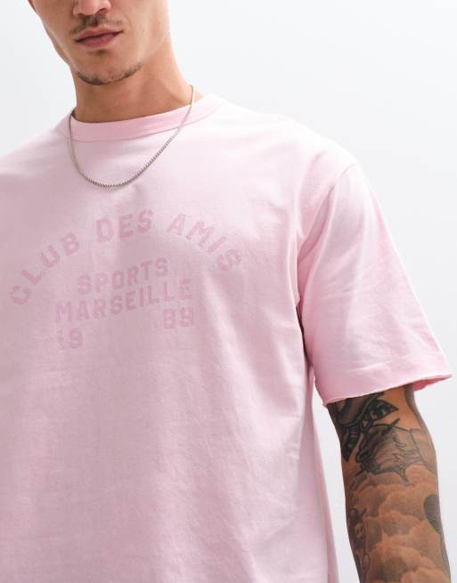ASOS DESIGN – Rosa, avslappnad t-shirt med boxig passform, texttryck framtill och råskuren fåll, 2 av 5