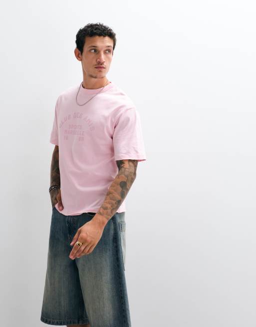 ASOS DESIGN – Rosa, avslappnad t-shirt med boxig passform, texttryck framtill och råskuren fåll, 4 av 5