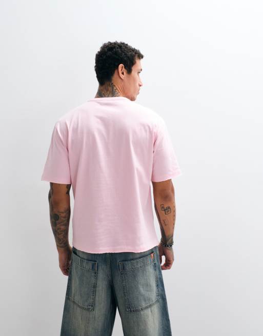 ASOS DESIGN – Rosa, avslappnad t-shirt med boxig passform, texttryck framtill och råskuren fåll, 5 av 5