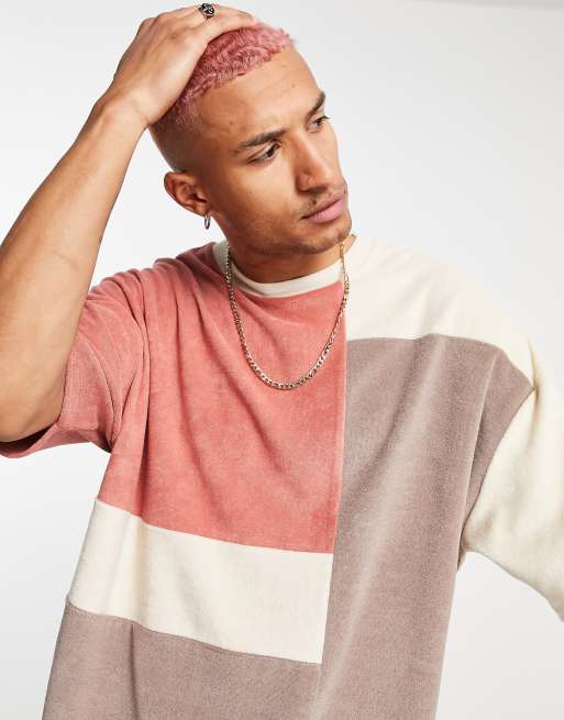 ASOS DESIGN – Rosa, beige och blockfärgad t-shirt i frotté och oversize, 3 av 4