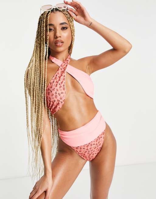 ASOS DESIGN – Rosa blockfärgat blommig bikiniunderdel med hög midja och hög benskärning