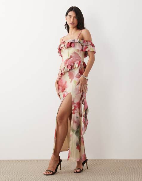 ASOS DESIGN – Rosa, blommig maxiklänning i mesh med bara axlar och asymmetriska volanger - view 1